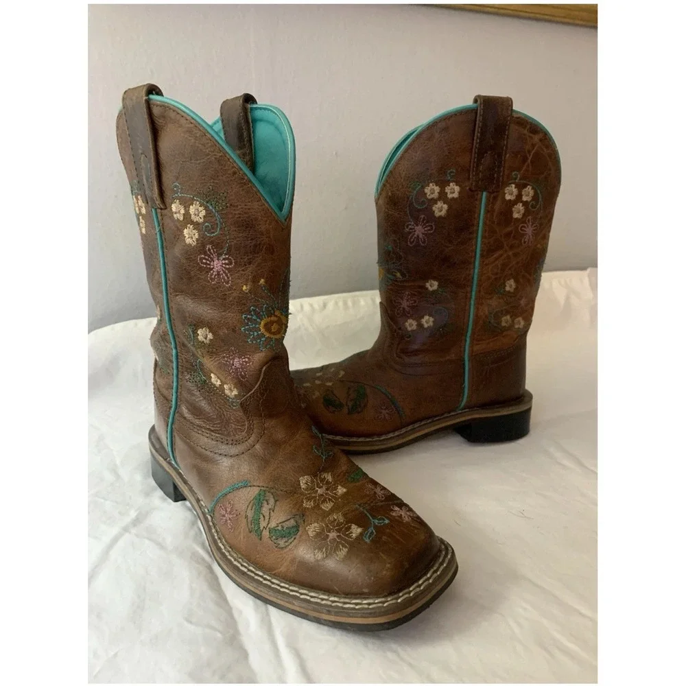 Smoky Mountain Girls Size 1.5 Brown Leather Floral Embroidered Cowgirl Boots